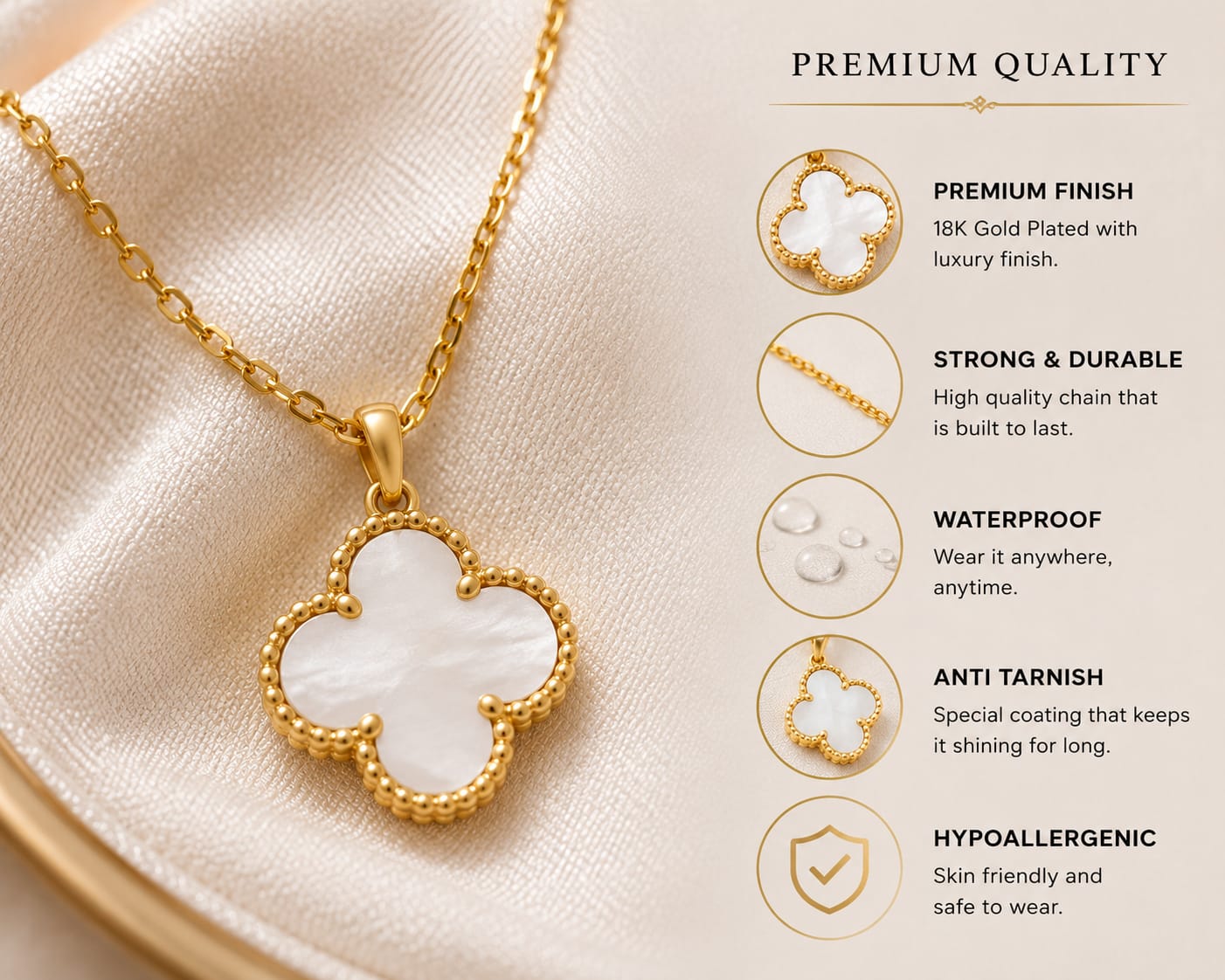 NAVIORA Anti Tarnish 18K Gold Clover Necklace For Women