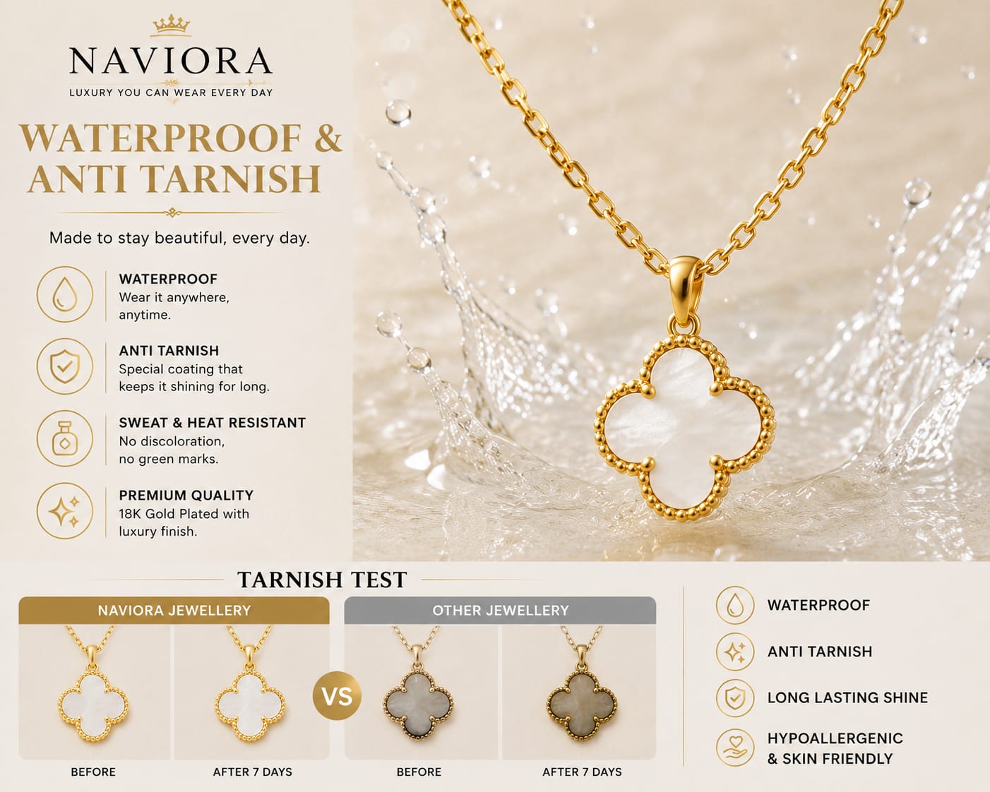 NAVIORA Anti Tarnish 18K Gold Clover Necklace For Women