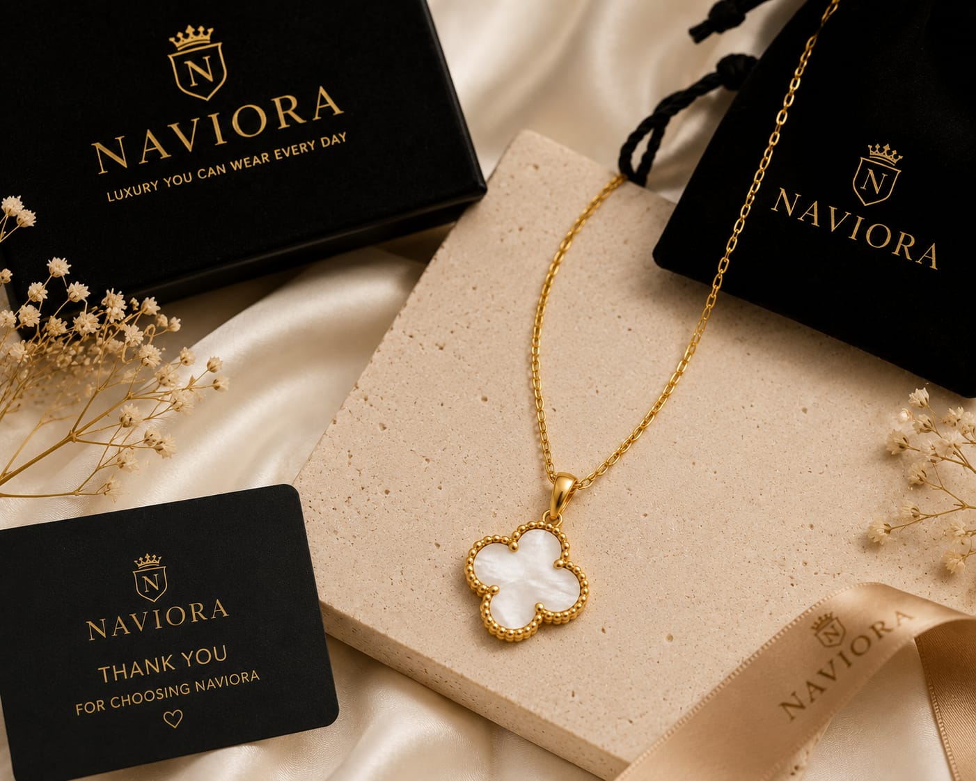 NAVIORA Anti Tarnish 18K Gold Clover Necklace For Women