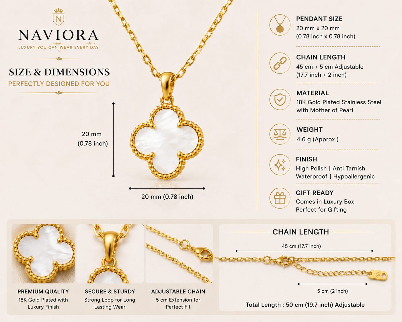 NAVIORA Anti Tarnish 18K Gold Clover Necklace For Women