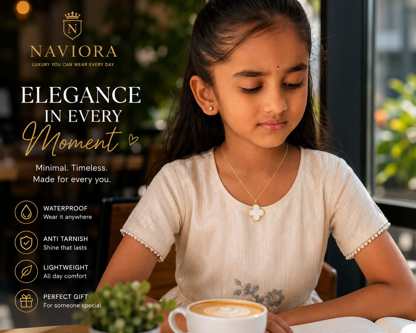 NAVIORA Anti Tarnish 18K Gold Clover Necklace For Women