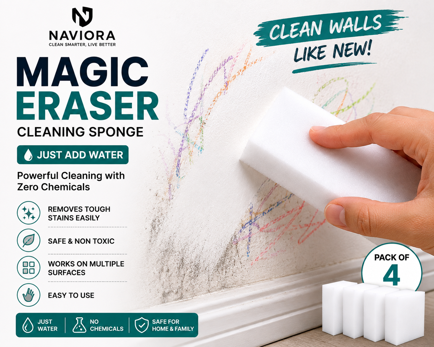 Magic Eraser Cleaning Sponge (Pack of 4) – Removes Tough Stains with Just Water